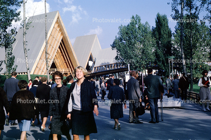 A-frame buildings, girls, women, walking, 1964, 1960s
