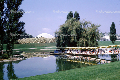 buildings, pond, Reflection, trees, tram ride, lake, domed Building, 1964, 1960s