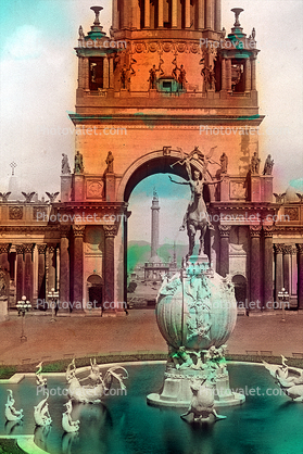 Water Fountain, aquatics, statues, Tower of Jewels, Panama Pacific International Exposition, 1915
