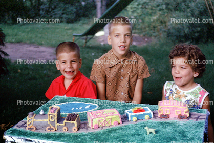 Boys, Train Cake Train, pond, girl, sister, brothers, siblings, shirts, 1961, 1960s