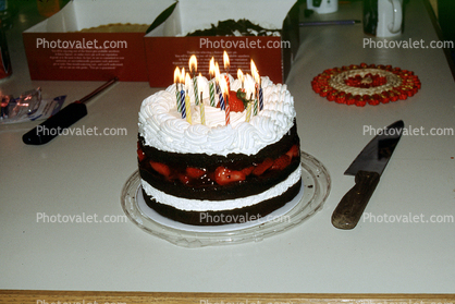 Happy Birthday Cake, Burning Candles, Knife, strawberry