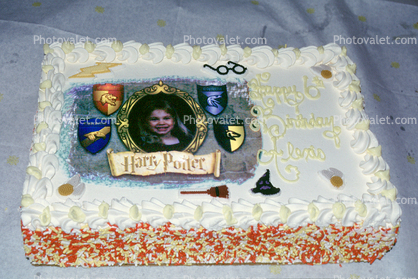 Harry Potter Happy Birthday Cake, frosting, glasses, broom, bird, lighting