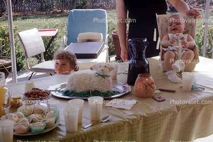 Babies, Cake, First Birthday, Smiles, Car Seat, Table, Backyard, May 1966, 1960s