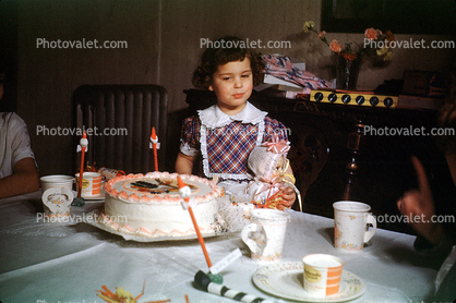 Girl, Cake, Cups, Table, tablecloth, frosting, paper cups, 1960s