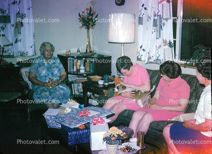 Grandmother, Grandma, Presents, lamp, wrapping, ribbons, books, vase, curtain, 1950s