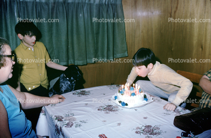 Boy, Blowing out Candles, Cake, Table, making a wish, tablecloth, curtains, March 1969, 1960s