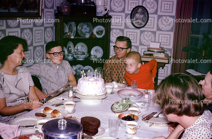 Blowing out the Candles, Boy, Father, Cake, Table, wallpaper, plates, October 1965, 1960s