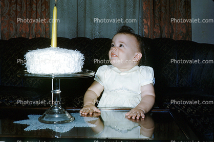 Girl, Smiles, Cake, Candle, First Birthday, 1950s