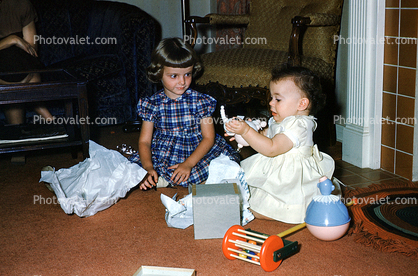 Girls, Sisters, Siblings, Presents, First Birthday, October 18 1949, 1940s, 1950s