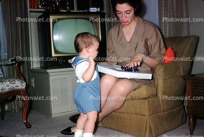 Mother, Son, Child, Present, Television, ribbon, chair, boy, woman, May 1967, 1960s