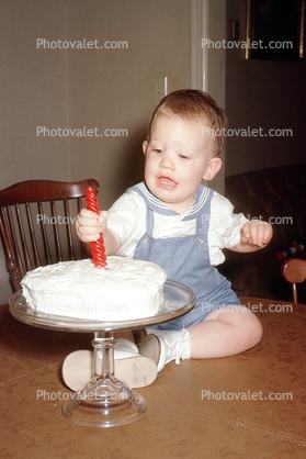 First Birthday, Boy, Cake, Candle, Toddler, May 1967, 1960s