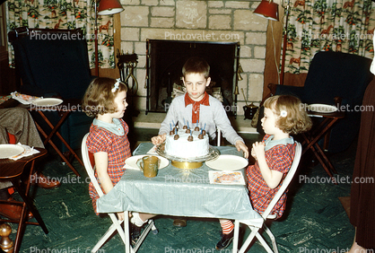 Boys, Girls, Cake, Table, 1950s