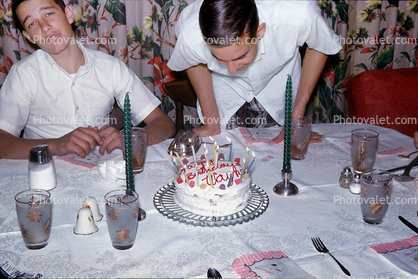 Boys, Teens, Cake, Table, Candles, 1960s