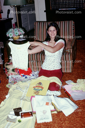 Girl, Smiles, Carpet, Pajama, Presents, nightwear, June 1973, 1970s