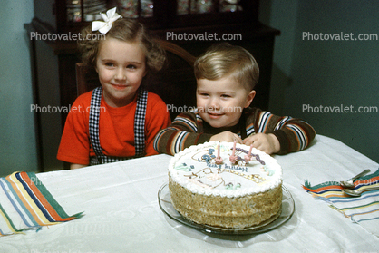 Girl, Dress, Boy, Smiles, Cake, Chair, Table, Cloth, 1950s