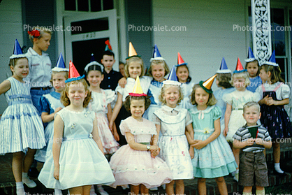 Party Dresses, smiles, smiling, Girls, Boy, 1950s