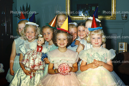 Girls, Hats, Party Dresses, Smiles, Dresses, Ribbons, 1950s