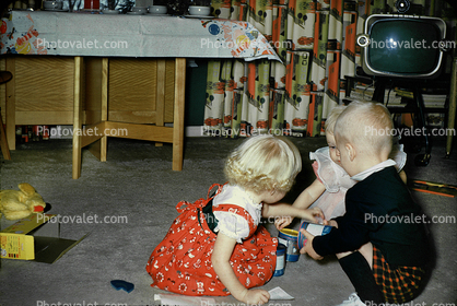 Television, Girl, Boy, Playing, Jerri Two Years Old, 1950s