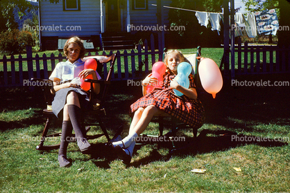 Girls, Sisters, Knee Socks, Balloons, Backyard, Fence, Hanging Line, Pine Plains, New York, November 1959, 1950s