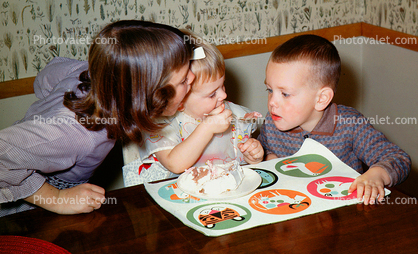 Sister, Brother, Siblings, Cake, Baby, Girl, Boy, First Birthday, eating cake, sugar, December 1962, 1960s