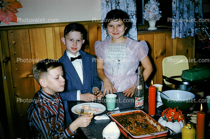 Boy, Girl, Dress, Food, Bowtie, Suit, 1950s
