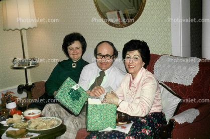 Opening Birthday Presents, man, woman, women, presents, smiles, food, Gifts, May 1976, 1970s