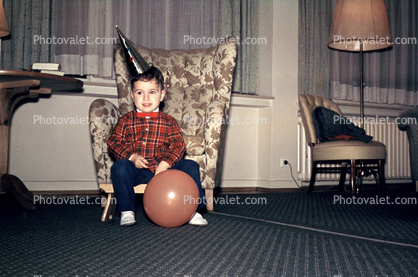 Boy, Balloon, Hat, Chair, Carpet, Plug, 1940s