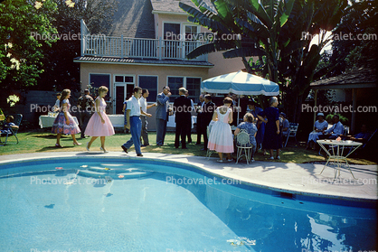 Swimming Pool, Poolside, Umbrella, Water, Backyard, Home, House, 1960s