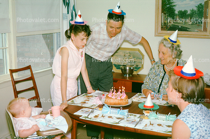 Birthday Girl, Hats, Cake, Table, Baby, Toddler, Grandma, Grandmother, August 1964, 1960s