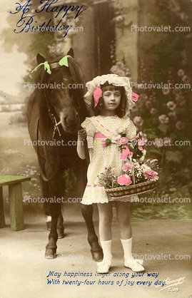 Happy Birthday Greeting, Girl with a flower basket, Horse, pony, RPPC, 1910