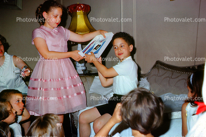 Girl, Dress, Opening Presents, Boys, July 1962, 1960s
