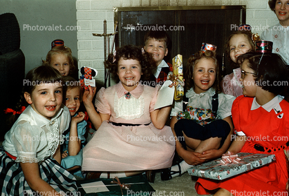 Girls Singing Happy Birthday, presents, formal dress, 1950s