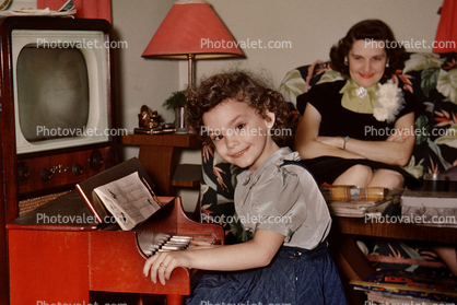 Birthday Girl with her New Piano, Mother, Lamp, Television, 1950s