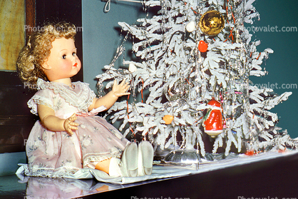 Frosted Christmas Tree, pink dress, decorations, girl doll, shoes, 1940s