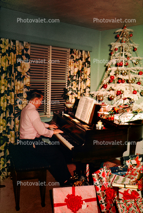 Man Playing Piano, Decorated Tree, 1950s