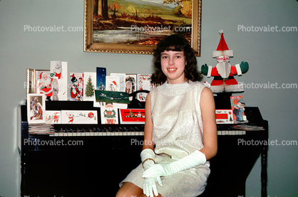 Girl Dressed for Christmas, Card, Piano, smiles, gloves