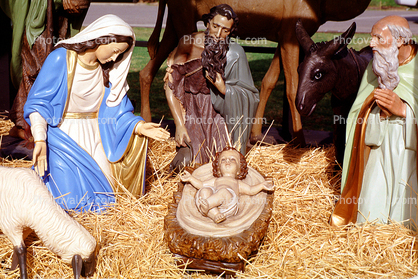 Nativity Scene, manger, Baby Jesus, crib, lamb, Mother Mary, hay, Three Wisemen
