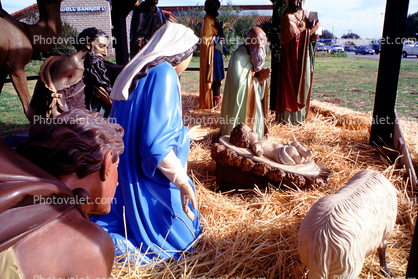 Nativity Scene, manger, Jesus, Baby, crib, lamb, Mother Mary, camels, hay, Three Wisemen