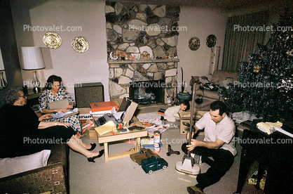Fireplace, Christmas Morning, boy, man, woman, daughter, son, girl, piano, Presents, Decorations, Ornaments, Tree, 1960s