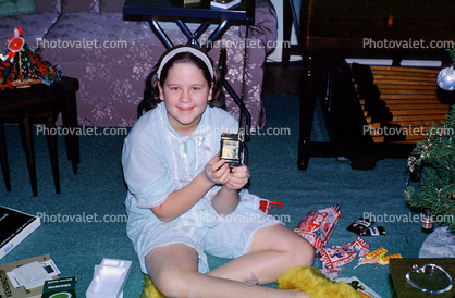 girl, pajama, smiles, presents, nightwear, 1950s