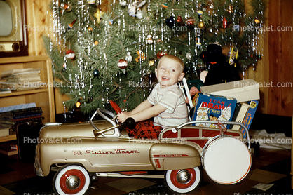 Boy, Pedal Car, 741 Station Wagon, firetruck, smiles, 1950s