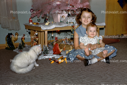 Girl, Sisters, White Cat, Baby, toddler, Manger Scene, 1950s