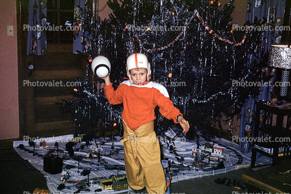 boy, football, player, helmet, toy train, tree, Presents, Decorations, Ornaments, 1950s
