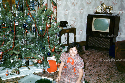 girl, tree, smiles, television, horse, clock, carpet, telephone, 1950s