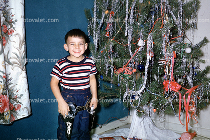 boy, cowboy, smiles, tree, tinsel, Decorations, Ornaments, Christmas Tree decorated, 1950s