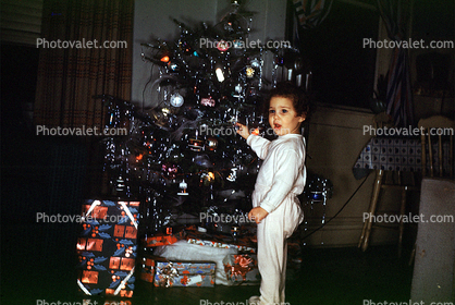 girl, tree, presents, nightwear, pajama, 1960s