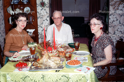 Christmas Dinner, turkey, table, plates, candles, 1950s