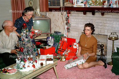 Television, Fireplace, women, man, Tree, Presents, Decorations, Ornaments, 1961, 1960s
