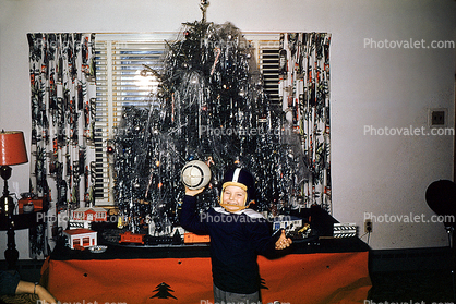 tree, boy, football player, helmet, Presents, Decorations, Ornaments, 1950s