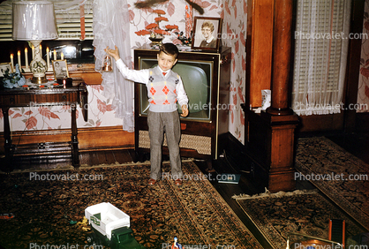 vest, candles, boy, television, carpet, 1950s